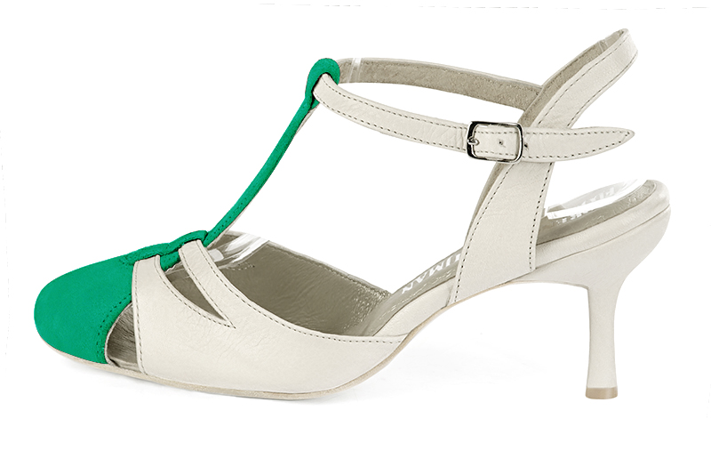 Emerald green and off white women's open back T-strap shoes. Round toe. High slim heel. Profile view - Florence KOOIJMAN